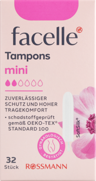 Różowo-białe opakowanie Facelle Tampons mini 32 sztuki, przód, z grafiką tamponu SoftSilk i napisem „GINEKOLOGICZNIE POTWIERDZONE”.