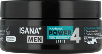 Czarny wosk Isana Men Power 4, ekstra mocne utrwalenie, męski zapach, okrągły słoik, z przodu.