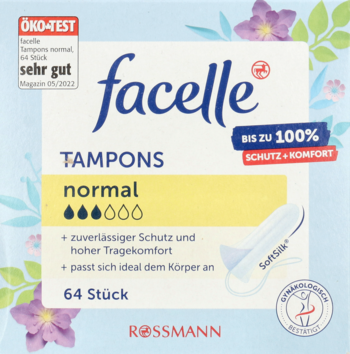 Opakowanie tamponów facelle normal, 64 sztuki, niebieskie z kwiatami, napis "ÖKO-TEST sehr gut", widok z przodu.