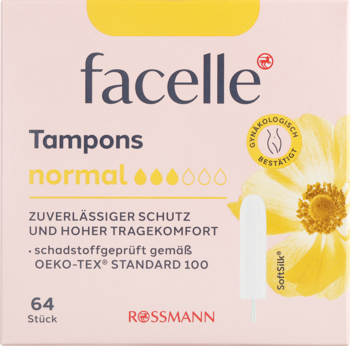Opakowanie tamponów facelle Normal, 64 szt., z SoftSilk, różowo-żółte, widok z przodu. Ginekologicznie testowane.