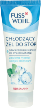 Fusswohl Chłodzący Żel do Stóp w białej tubie z niebieskimi detalami, miętą i lodem, widok z przodu.
