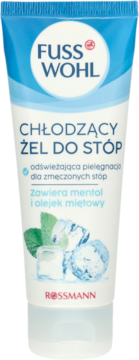 Fusswohl Chłodzący Żel do Stóp w białej tubie z niebieskimi detalami, miętą i lodem, widok z przodu.