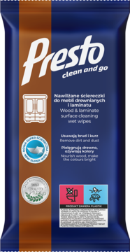 Presto nawilżane ściereczki do mebli drewnianych i laminatu, niebiesko-brązowe opakowanie, przód.