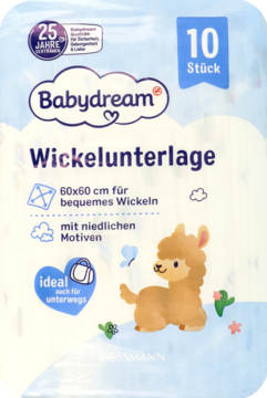 Opakowanie Babydream Wickelunterlage 10 szt. 60x60 cm z lamą i napisem "ideal auch für unterwegs", widok z przodu.