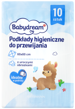 Opakowanie podkładów Babydream 60x60 cm, 10 szt., z lamą. Idealne do przewijania, widok z przodu.