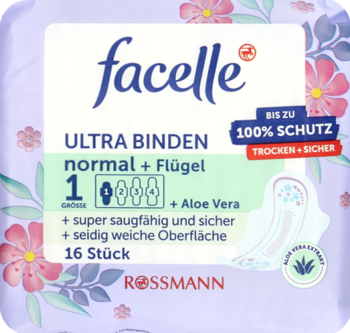 Facelle podpaski Ultra normal z Aloe Vera i skrzydełkami, 16 sztuk, fioletowo-białe opakowanie.