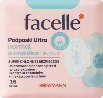 Różowe opakowanie podpasek Facelle Ultra normal ze skrzydełkami, 16 sztuk, z aloesem, widok z przodu.