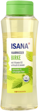 Isana Woda Brzozowa z witaminą B3, w przezroczystej butelce z zieloną nakrętką, do włosów normalnych i z łupieżem.