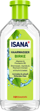 Isana Haarwasser Birke, butelka z zieloną etykietą i zakrętką, widok z przodu. Tonik do włosów normalnych i przetłuszczających się.