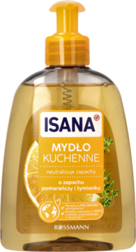 Isana Mydło Kuchenne 300ml, przezroczysta butelka z żółtą pompką i etykietą z pomarańczą i tymiankiem.