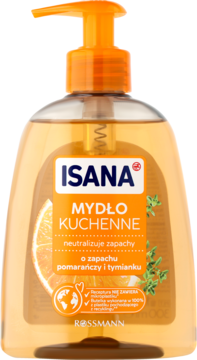 Mydło kuchenne Isana, neutralizuje zapachy, pomarańcza i tymianek, w pomarańczowej butelce z pompką, widok z przodu.