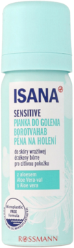 Isana Sensitive pianka do golenia z aloesem, jasnoniebieska puszka, widok z przodu, dla skóry wrażliwej.