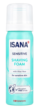 Turkusowa puszka Isana Sensitive pianka do golenia dla kobiet z aloesem, dla skóry wrażliwej, widok przód.