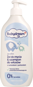 Babydream żel do mycia i szampon z rumiankiem w białej butelce z pompką, z przodu, z rysunkiem słoni.