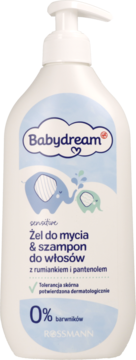 Babydream żel do mycia i szampon z rumiankiem w białej butelce z pompką, z przodu, z rysunkiem słoni.