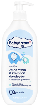 Babydream Żel do mycia & szampon dla dzieci z rumiankiem, biała butelka z pompką, widok z przodu.