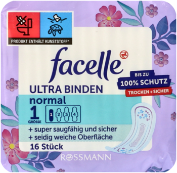 Opakowanie podpasek facelle ULTRA BINDEN normal, fioletowe z kwiatowym wzorem, widok z przodu, 16 sztuk.
