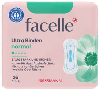Różowo-zielone opakowanie podpasek facelle Ultra Binden normal, 16 sztuk, z ilustracją, widok z przodu.