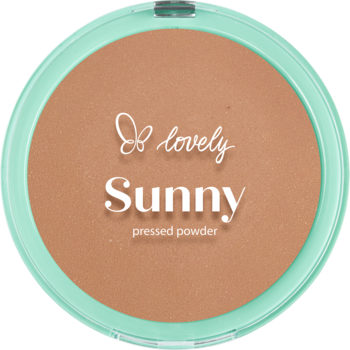 Lovely Sunny brązujący puder prasowany w miętowym, okrągłym opakowaniu, widok z góry, z napisem "Sunny" na środku.