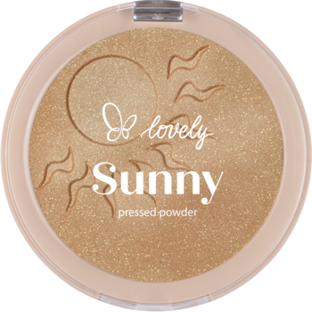 Okrągły, złoty brązujący puder Lovely Sunny z motywami słońca, widok z góry.