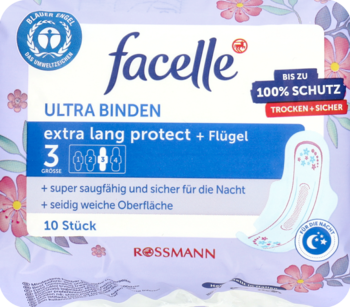 Fioletowe opakowanie podpasek Facelle ultra długich ze skrzydełkami, 10 sztuk, do 100% ochrony, widok z przodu.