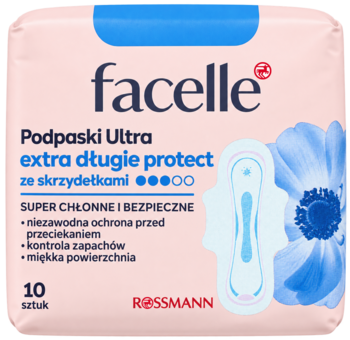 Różowe opakowanie podpasek Facelle Ultra extra długie protect ze skrzydełkami, 10 sztuk, Rossmann, z niebieskim kwiatem.