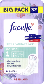 Opakowanie podpasek Facelle Ultra Normal, 32 sztuki, fioletowe z kwiatowym wzorem, widok z przodu.