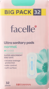 Opakowanie podpasek Facelle Ultra normal, 32 sztuki, różowe z miętowym grafiką, widok z przodu.