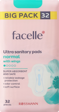 Facelle Ultra sanitary pads normal, 32 sztuki, różowe opakowanie z grafiką płatka kwiatu, widok z przodu.
