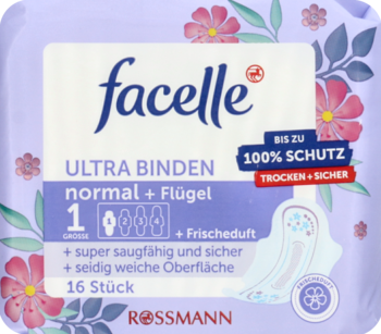 Podpaski Facelle Ultra Normal+Flügel, fioletowe opakowanie z kwiatami, widok z przodu, świeży zapach.