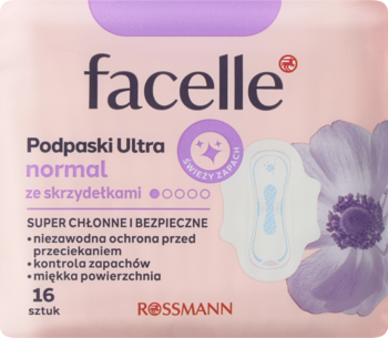 Różowe opakowanie Facelle Podpaski Ultra Normal ze skrzydełkami, świeży zapach, 16 sztuk, widok z przodu.