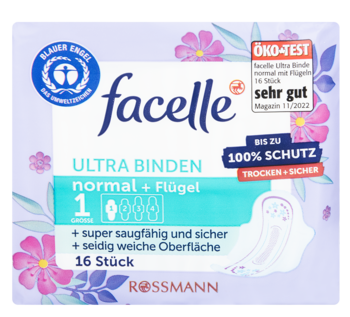 Fioletowe opakowanie podpasek Facelle Ultra Binden normal ze skrzydełkami, 16 sztuk, widok z przodu.