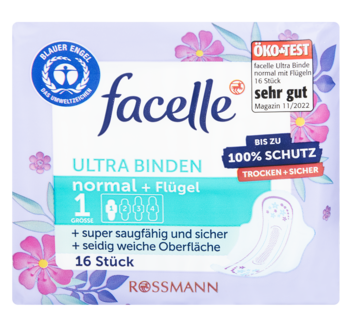 Fioletowe opakowanie podpasek Facelle Ultra Binden normal ze skrzydełkami, 16 sztuk, widok z przodu.