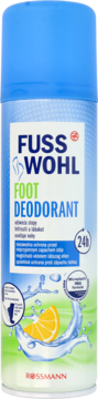 Fuss Wohl Foot Deodorant spray, biało-niebieska butelka z grafiką cytryny i wody, widok z przodu. Świeżość 24h.