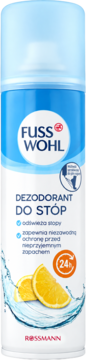 Odświeżający dezodorant do stóp Fusswohl Rossmann, biało-niebieski spray z cytryną, 24h ochrona.