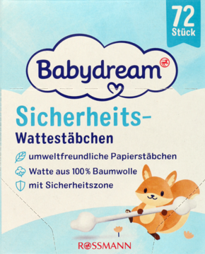 Babydream bezpieczne patyczki higieniczne, 72 sztuki, opakowanie z wiewi7krk5, 100% bawe7na, papierowe.
