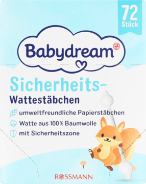 Babydream Bezpieczne patyczki higieniczne, 72 szt., biało-niebieskie opakowanie z wiewiórką, bawełna, papierowe patyczki.