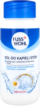 Fuss Wohl Sól do Kąpieli Stóp w białej butelce, zawiera sól z Morza Martwego i ekstrakt z rumianku.