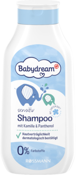 Biała butelka szamponu Babydream Sensitiv, przód. Niebieska etykieta, słonie, Kamille & Panthenol, 0% barwników.