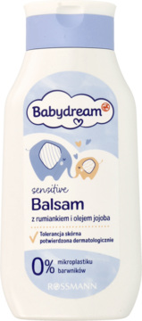 Biały balsam Babydream Sensitive dla dzieci, z rumiankiem i jojobą, widok z przodu na etykietę ze słoniami.