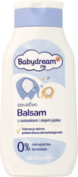 Biały balsam Babydream Sensitive dla dzieci, z rumiankiem i jojobą, widok z przodu na etykietę ze słoniami.