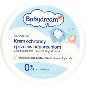 Okrągły słoik kremu Babydream sensitive z tlenkiem cynku, biało-niebieski, widok z góry.
