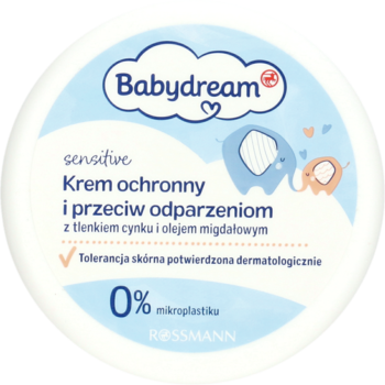 Okrągły słoik kremu Babydream sensitive z tlenkiem cynku, biało-niebieski, widok z góry.