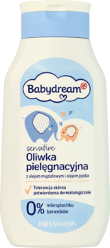 Babydream Oliwka pielęgnacyjna sensitive z migdałem i jojoba, biała butelka, niebieska nakrętka, front.