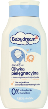Babydream Oliwka pielęgnacyjna sensitive z migdałem i jojoba, biała butelka, niebieska nakrętka, front.