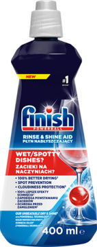 Finish Rinse & Shine Aid 400ml, płyn nabłyszczający do zmywarek, granatowa butelka z etykietą "NEW", widok z przodu.