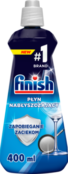Płyn nabłyszczający Finish Rinse Aid 400 ml, ciemnoniebieska butelka z białym korkiem, widok z przodu, eliminuje zacieki.