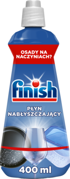 Finish Płyn Nabłyszczający 400ml, niebieska butelka, widok z przodu. Usuwa osady, nadaje blask naczyniom.