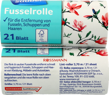 Rolka do ubrań Rossmann Fusselrolle 3,70m/21 listków, tył opakowania z instrukcjami i czerwonymi kwiatami.