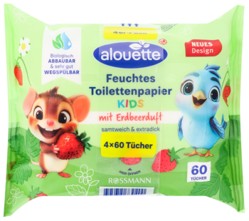 Zielone opakowanie wilgotnego papieru toaletowego Alouette Kids z truskawkowym zapachem, 4x60 sztuk, z wizerunkiem myszy i ptaszka.